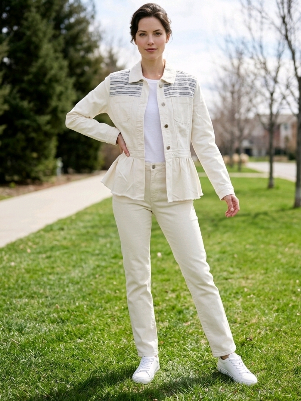 NWT Chicos White Jacket with Blue Stripes